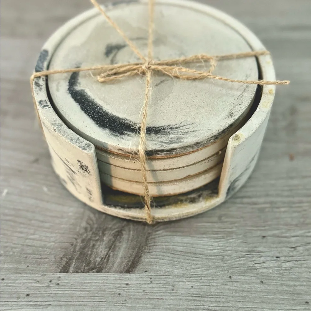 Handmade Marbled Concrete Coasters Set of 4 with holder– Waterproof, Cork-Backed